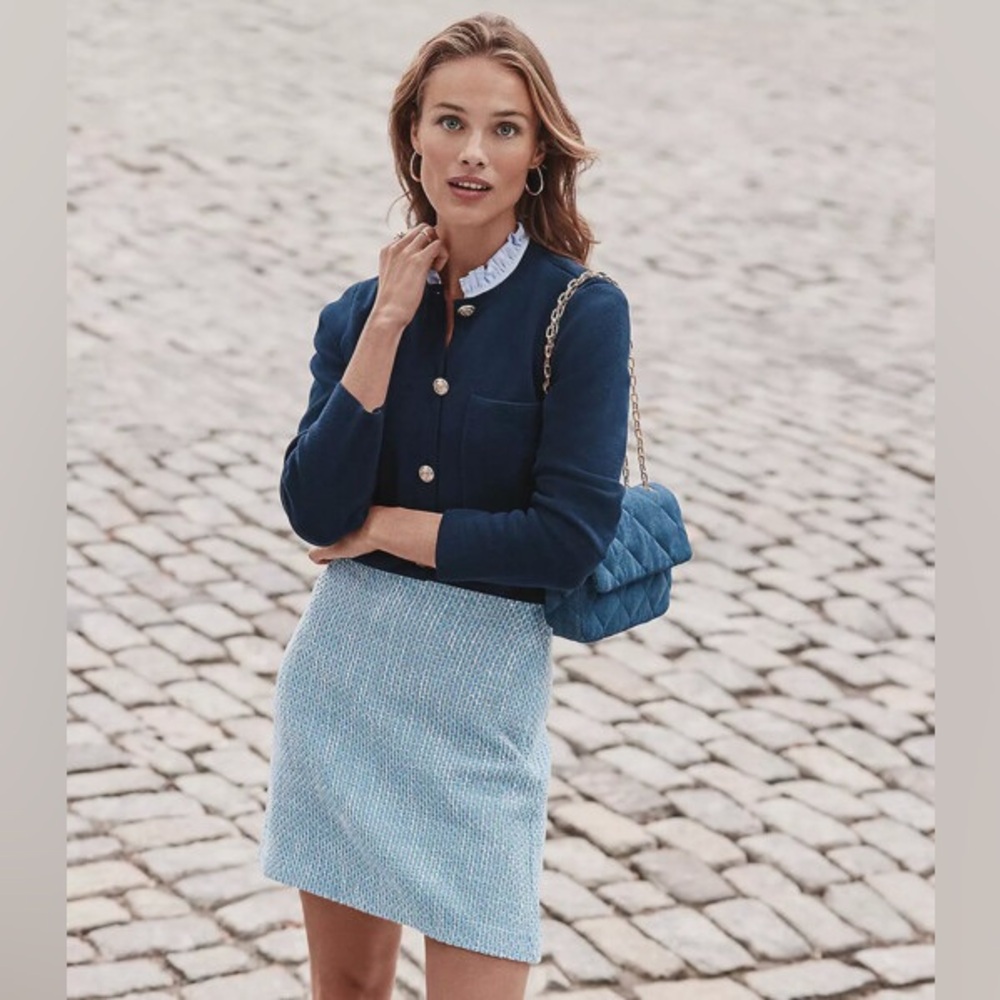 LOFT Ruffle Collar Mixed Media Sweater Jacket in Blue - Size XS